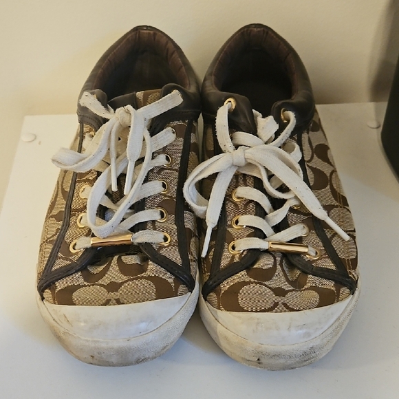 Coach Womens Low Top Signature Canvas Shoes Khaki Mahogany Size 11 lace up - Picture 1 of 8